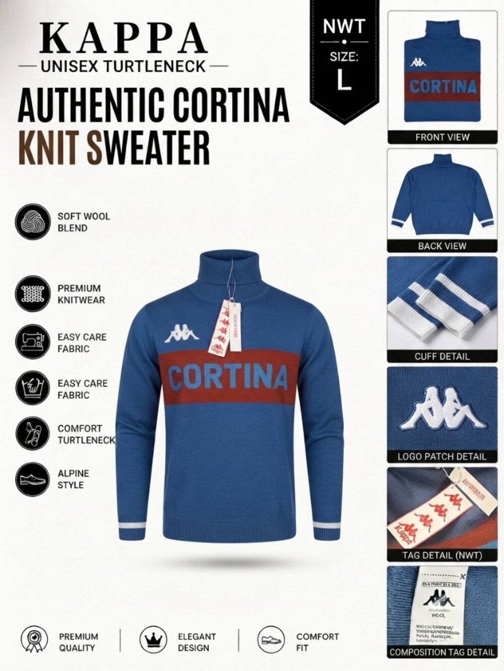 NWT Kappa Authentic Eroi Cortina Knit Sweatshirt Blue Unisex Size L
